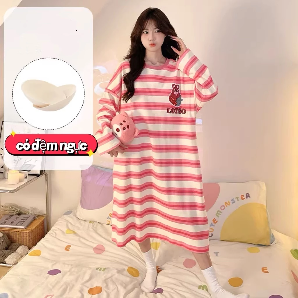 Áo ngủ dài kiểu sọc mới có đệm ngực cho nữ mặc vào thu đông - Mẫu rộng rãi thoải mái (đồ mặc nhà)