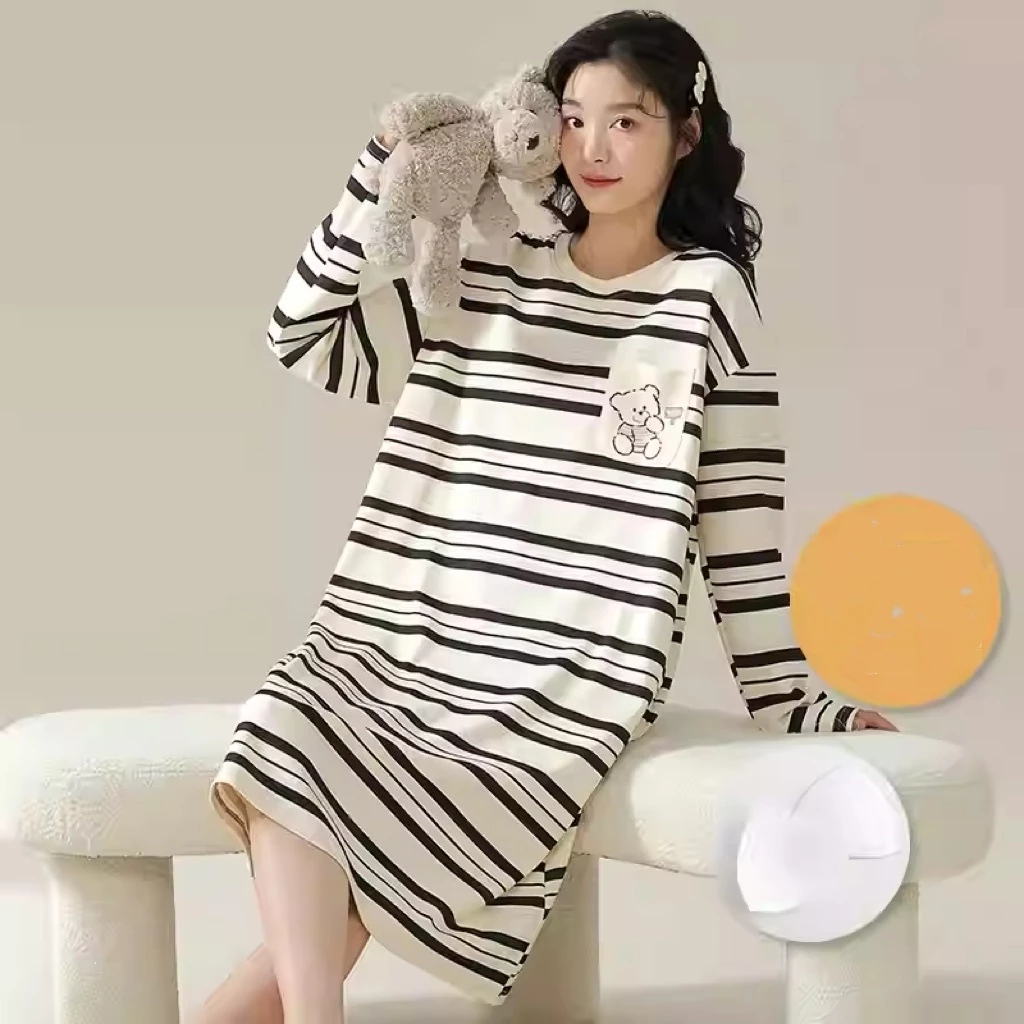 【MỚI VỀ】Đầm Ngủ Dài Kẻ Sọc Có Đệm Ngực - Form Rộng Thoải Mái, Chất Vải Cotton Mềm Mịn Cho Giấc Ngủ Ngon | Freeship