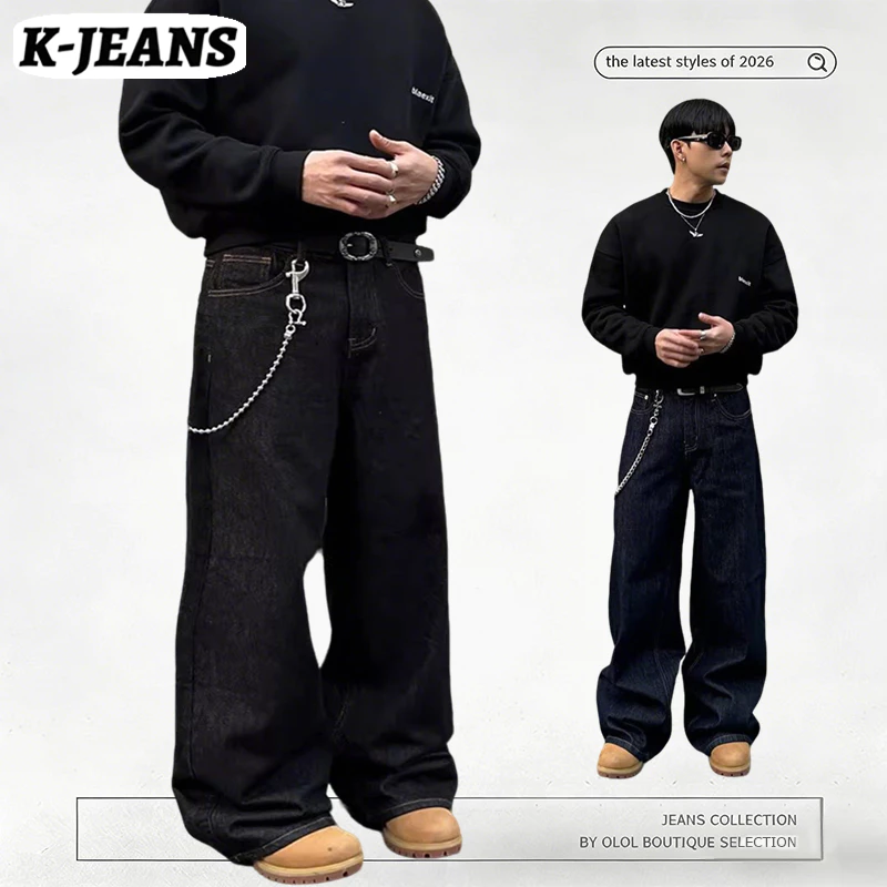 K-JEANS Quần Jeans Baggy Nam Ống Rộng Style Retro Vintage, Quần thường ngày màu đen / xanh đậm cho nam dài đến sàn Quần ống rộng Maong dài Phong cách Cổ điển cho nam jean dáng rộng