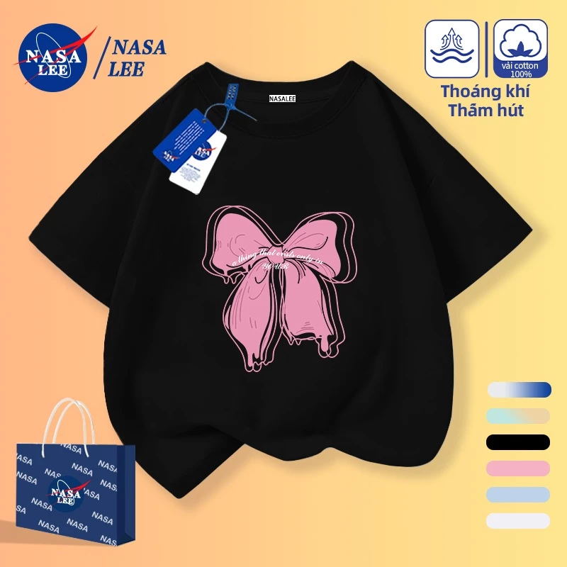 [Giao hàng trong ngày] Áo thun Cotton rộng rãi của NASA Quần áo bé gái Nơ màu hồng tay ngắn cho trẻ em