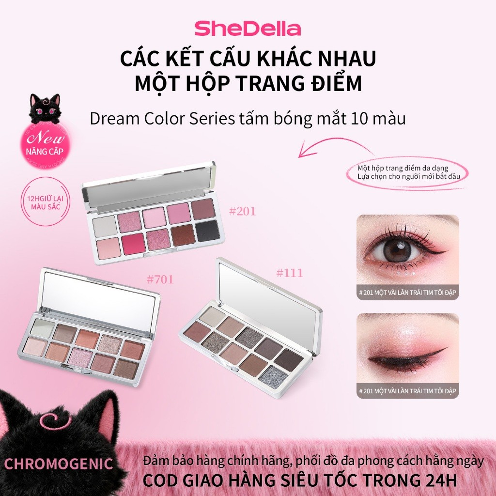 【Shedella，Hàng chính hãng】Bảng phấn mắt 10 màu với hiệu ứng nhũ & matte lâu trôi, chất phấn mịn màng dễ tán, kiểu bán chạy 10g