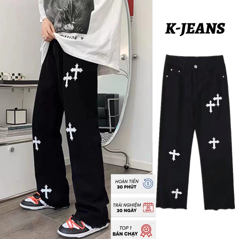 Quần jean đen thêu chữ thập dành cho nam dáng rộng loe rung cảm hip-hop thô viền quần mỏng đường phố cao cấp thời trang Mỹ quần denim nam