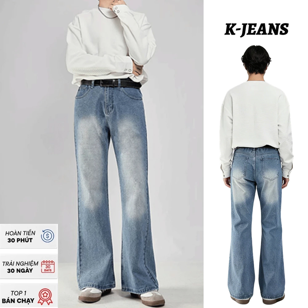 K-JEANS Quần jean nam ống đứng quần bò nam xanh nhạt quần denim streetwear vải jean dày cá tính thanh niên sinh viên jean trơn ống suông của quần jean đa năng Hottend