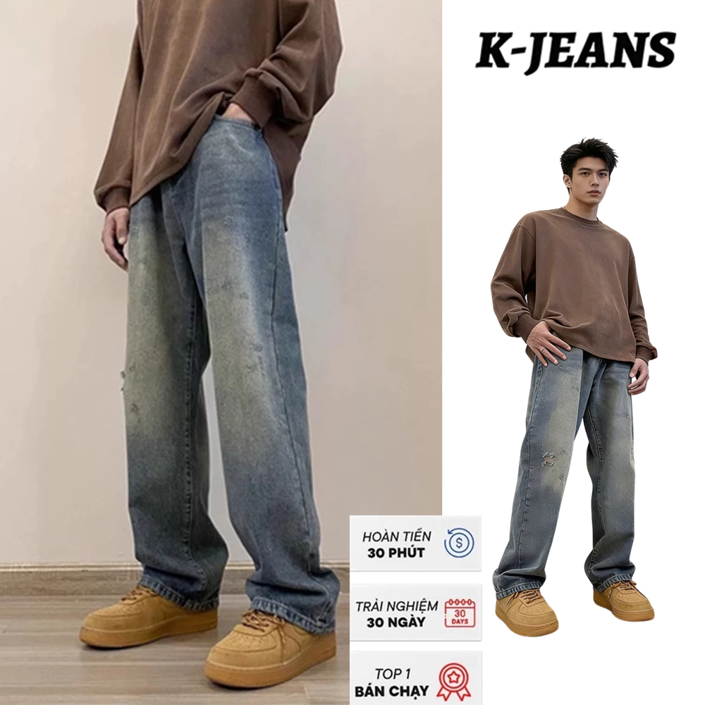 K-JEANS Quần Jean Nam dáng ngắn Ống Suông Rách gối, Baggy Quần Cạp Cao Wash Khói Chất Liệu Cao Cấp dáng suông mài Wash Retro phong cách hàn quốc Streetwear boy phố quần bò rách
