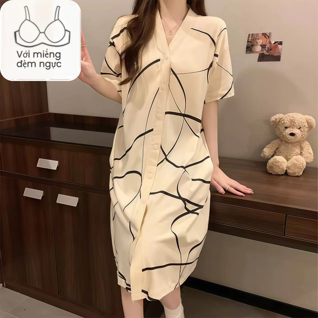 Đầm Ngủ Có Đệm Ngực 2026 - Thiết Kế V Cổ Phong Cách Vintage, Kèm Áo Choàng - Form Lười Sang Trọng, Chất Vải Cao Cấp, Mặc Nhà & Đi Chơi Đều Sang