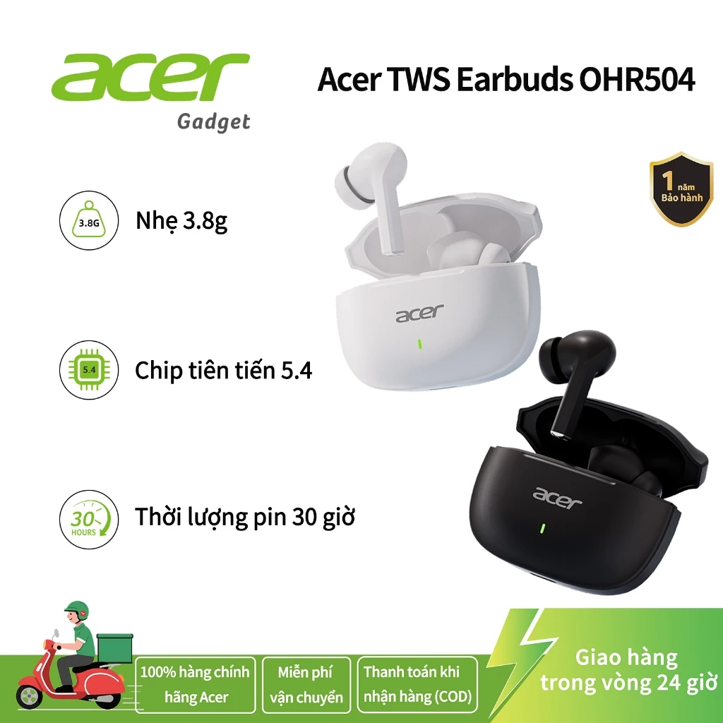 ACER Tai nghe Bluetooth AcerTWS có micrô Chính hãng BT5.4 Khử tiếng ồn 30H Pin lớn hơn Tai nghe không dây Type-c