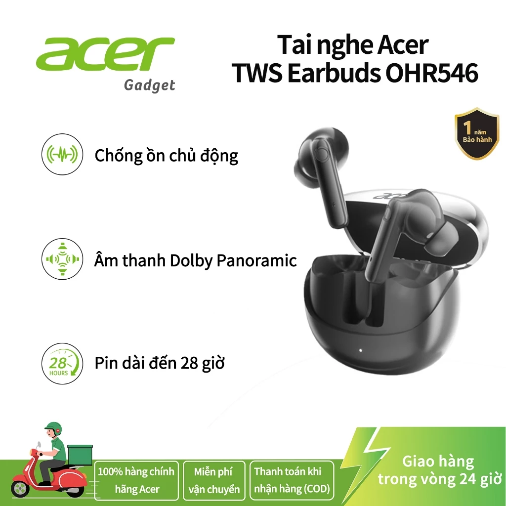 Acer Tai nghe Bluetooth chống ồn, pin 28 giờ, Bluetooth 5.4, âm thanh HD, độ trễ thấp BHT30