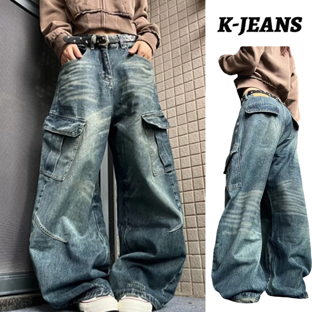 K-JEANS quần jean nam Quần jean cargo nam form rộng Phong cách American retro có túi lớn nhiều túi hộp Quần baggy ống rộng chấm sàn unisex oversize