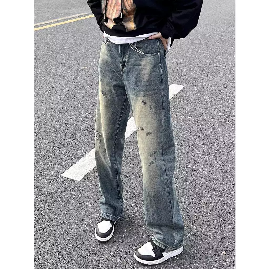 K-JEANS quần jean nam cao cấp baggy ống rộng wash vintage xanh lơ rách tự nhiên gối vải cotton co giãn mát mẻ bền màu streetwear size fullbox