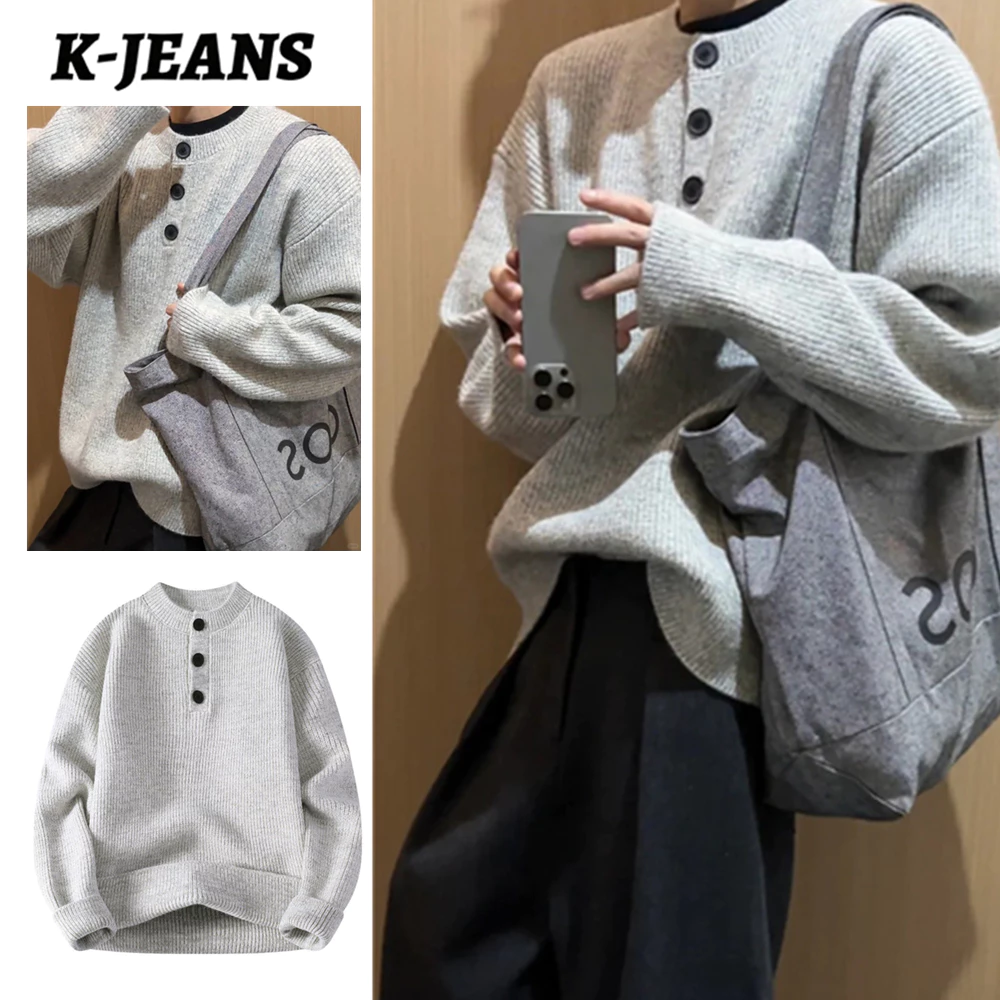 K-JEANS Áo len dày retro thu đông, cổ Henry, len dệt kim thời trang Sweater dệt kim form dáng rộng dài tay unisex Ulzzang