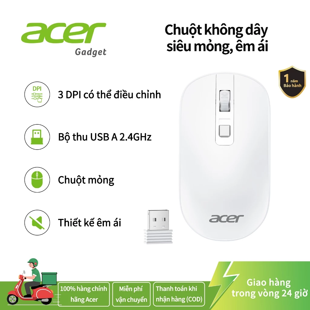 Acer Chuột không dây Mini lửng nội tuyến trung tâm mua sắm cho máy tính xách tay, Chuột máy tính mỏng 2,4 GHz với 4 nút, 3 dpi có thể điều chỉnh, đầu thu USB-A, 1600 dpi Tương thích với PC / Mac / Máy tính để bàn