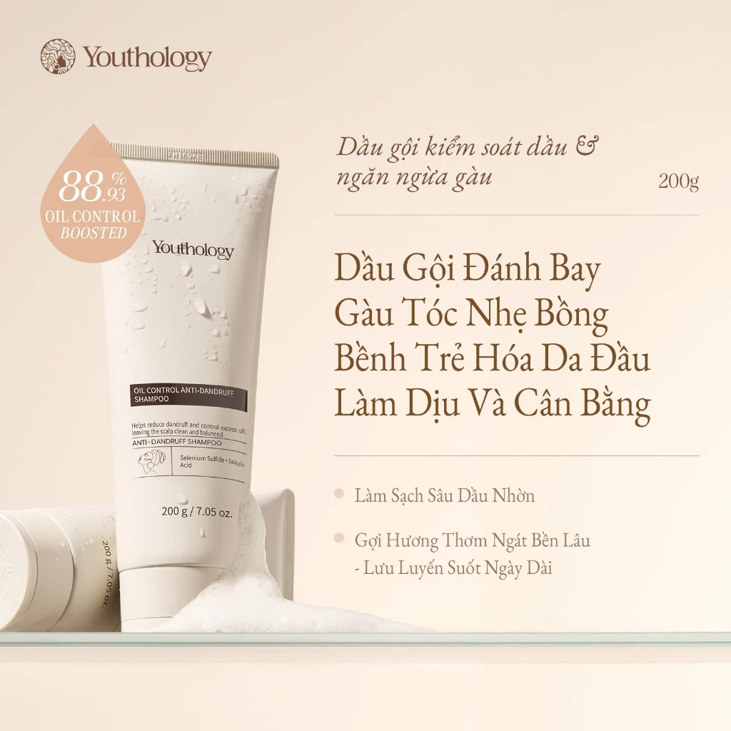 Youthology Dầu Gội Trị Gàu 200g - Kiểm Soát Dầu, Giảm Ngứa Da Đầu, Sạch Gàu, Thơm Lâu