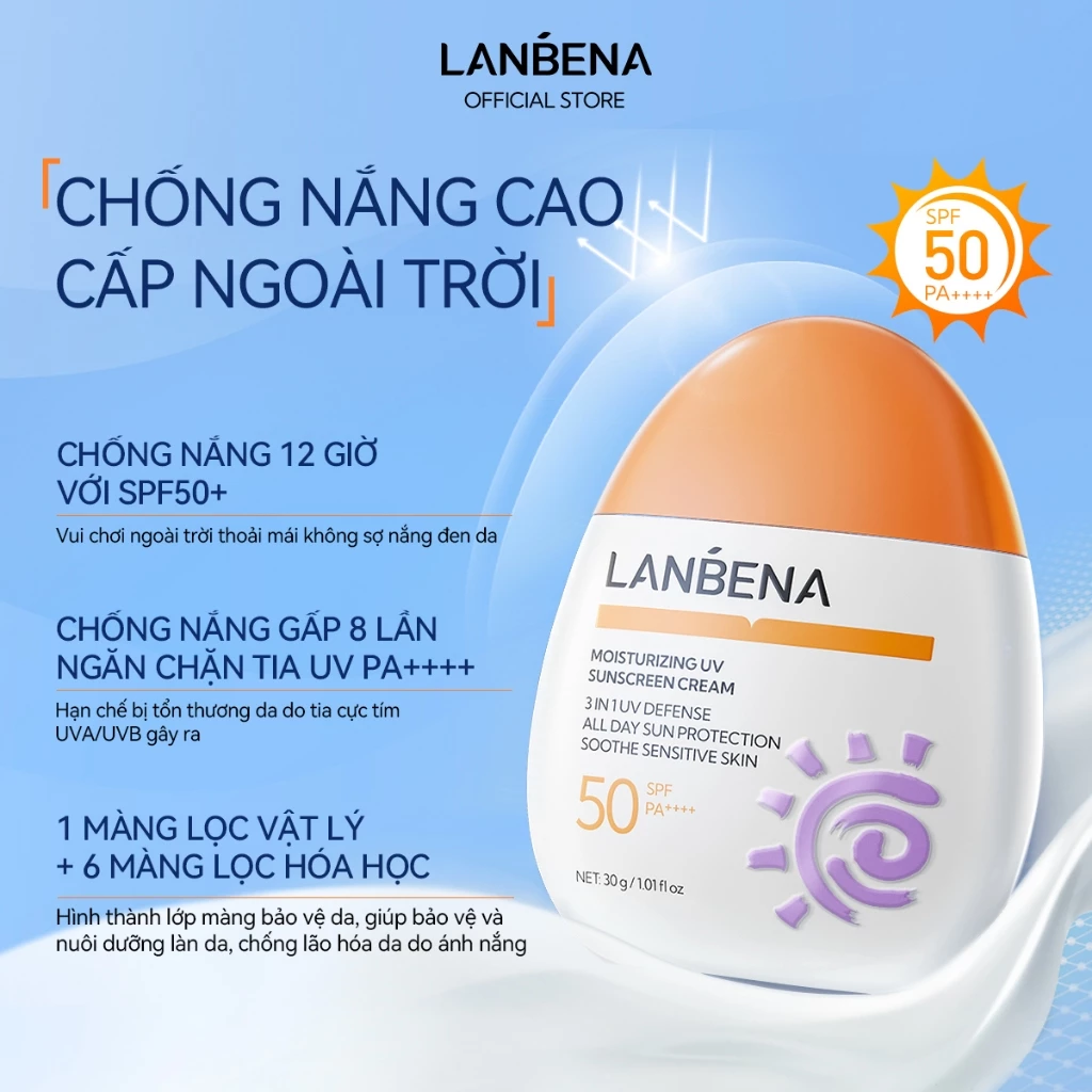 LANBENAKem chống nắng  SPF50+ Pa+++ (30g) - nâng tông làm trắng, chống nước không gây nhờn rít Skincare