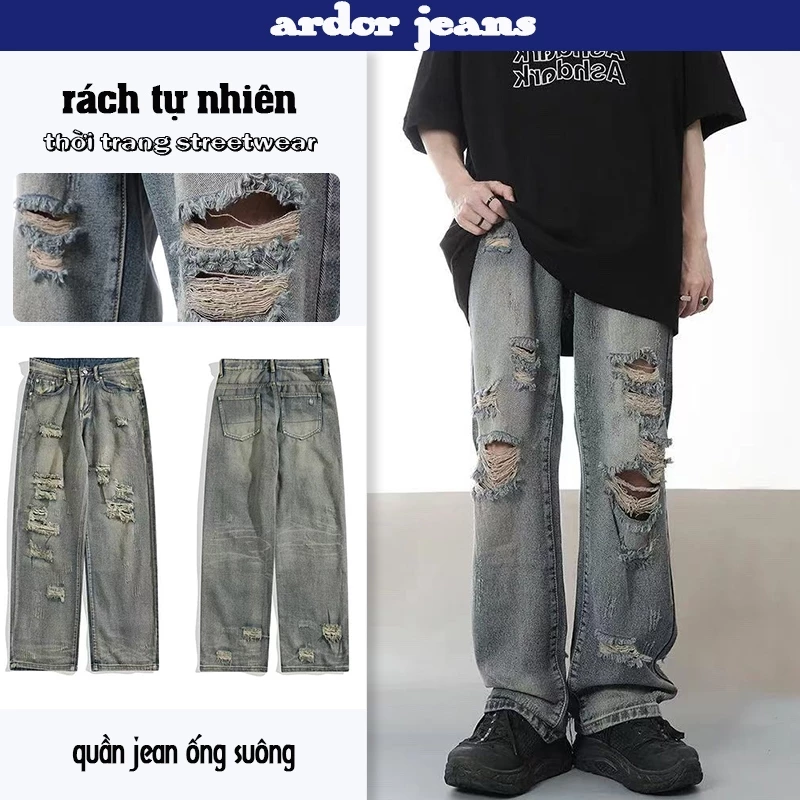 [ardor]Quần baggy jean nam rách boy phố hiphop xám khói wash gối kiểu thời trang đẹp quần bò nam ống suông cạp cao dễ phối đồ unisex