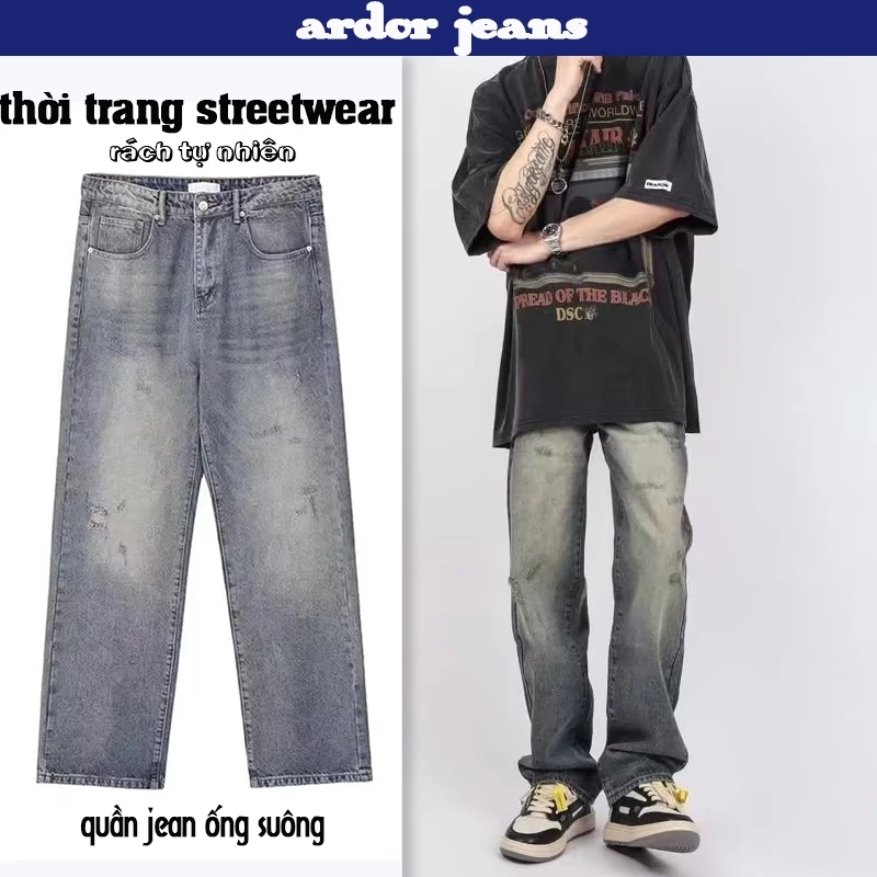 Quần Jean Nam Rách Ống Rộng Chân Thẳng, Dây Rút Co Giãn, Phong Cách