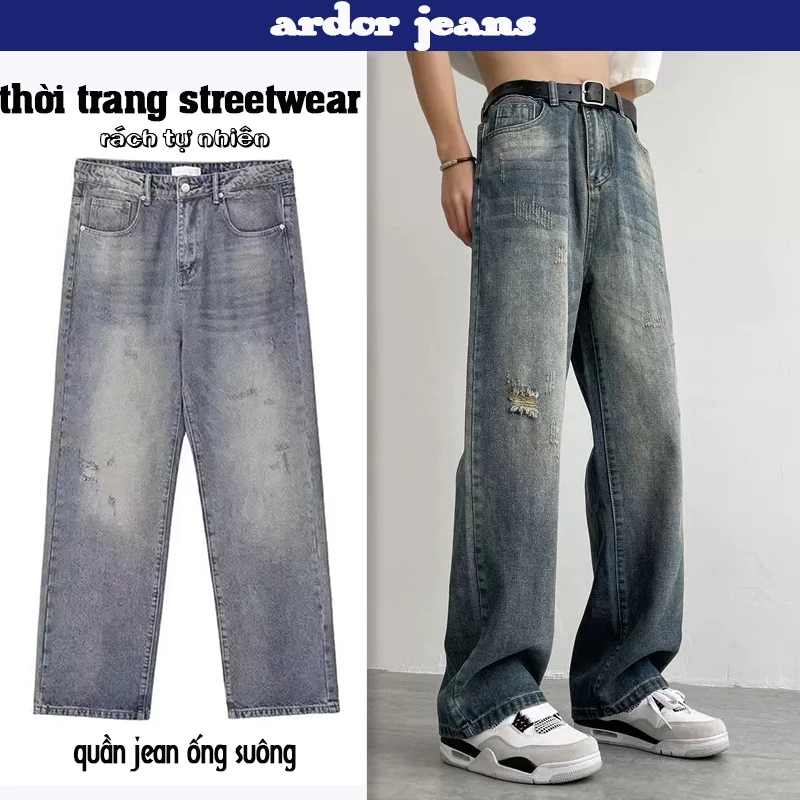 [ardor]Quần jean nam rách Ống Suông baggy Mẫu Mới Siêu Hot Hit Màu Phủ unisex wash quần bò nam Dơ menswear Pants Có Túi