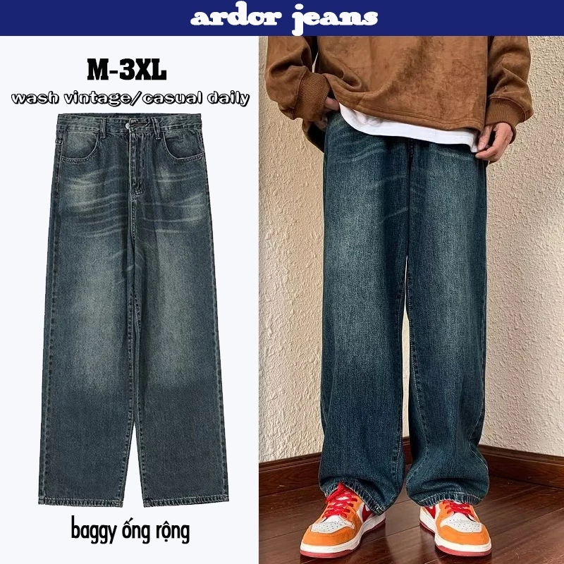 Quần Jean Ống Rộng Wash Retro Lưng Cao, Phù Hợp Nam và Nữ