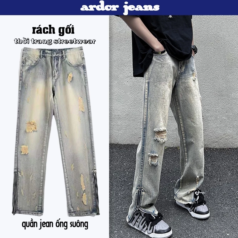 [ardor]quần jean rách nam Ống suông Rộng retro baggy quần bò nam nữ hiphop màu xanh wash boy phố quần dai rách gối cao cấp chất bò dãn nhẹ from