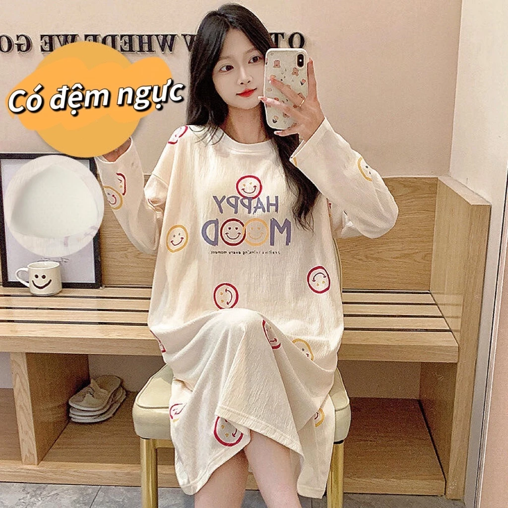Đầm Ngủ Dài Tay Cao Cấp Có Đệm Ngực | Chất Cotton Mềm Mại, Kiểu Dáng Rộng Rãi Thoải Mái | Đồ Ngủ & Đồ Ở Nhà Hot Trend INS 2026