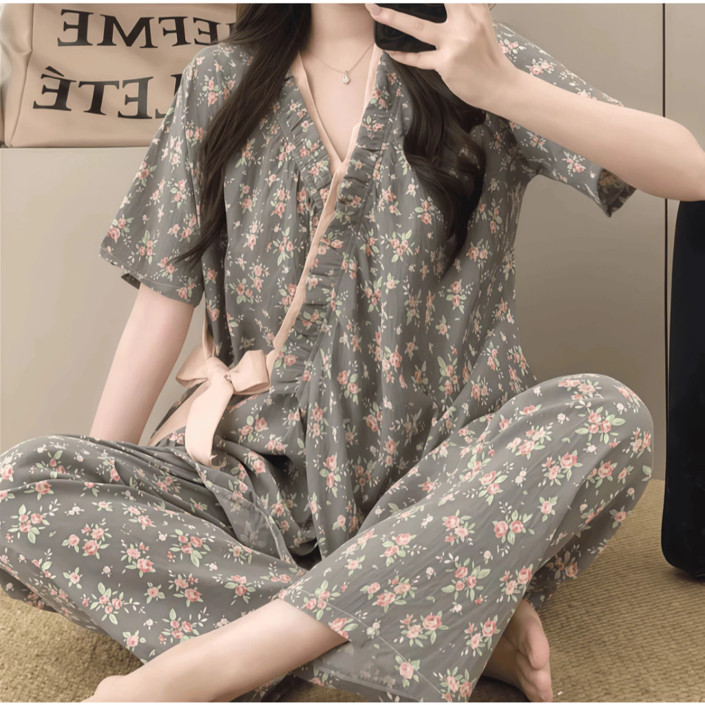 Áo khoác cardigan mới mùa xuân thu (tay ngắn quần short) - Họa tiết dễ thương - Chất liệu cotton cao cấp Ý mềm mịn - Mặc nhà thoải mái, thời trang có thể mặc ngoài - Bộ đồ ngủ nữ