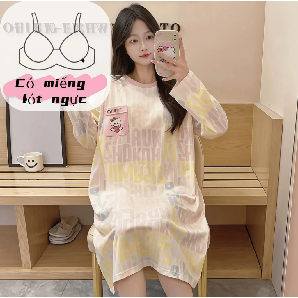【Có đệm ngực】Đầm ngủ nữ dài tay ngắn cổ tròn mới xuân thu - Có đệm ngực - Họa tiết dễ thương - Chất liệu cotton mềm mại - Thiết kế thời trang mặc nhà & ra ngoài tiện lợi