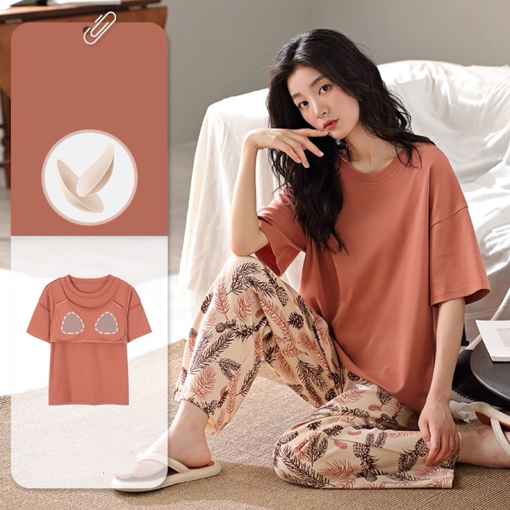 Bộ đồ ngủ mặc nhà tay ngắn quần dài mùa hè 【Có đệm ngực】 – Chất liệu mềm mại thoải mái, chống muỗi, thoáng khí