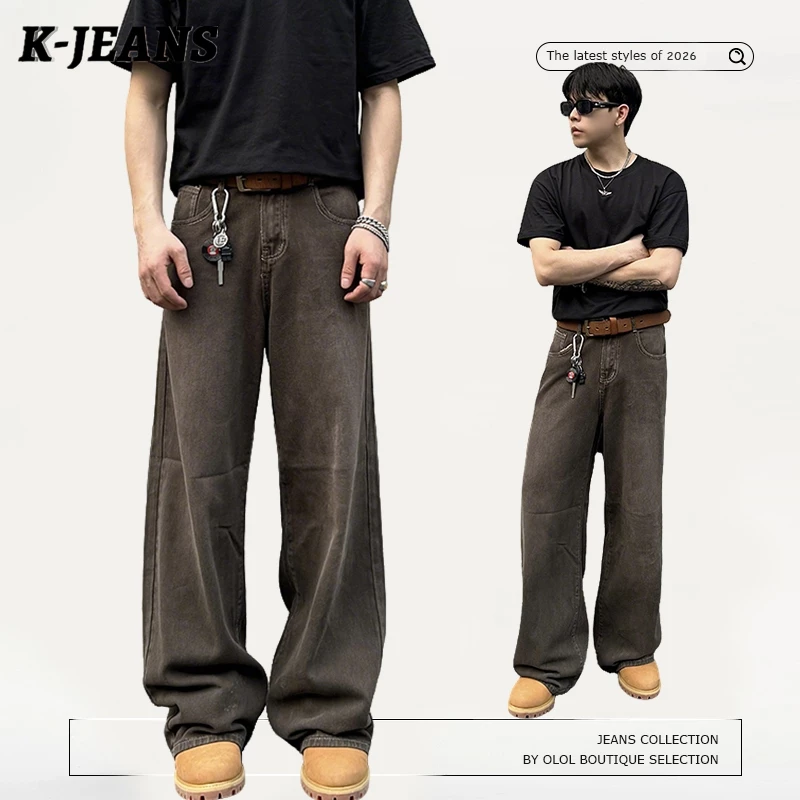 K-JEANS quần bò nam thời trang dáng baggy ống rộng wash retro nâu cà phê vintage 90s hypebeast casual đi chơi vải co giãn nhẹ
