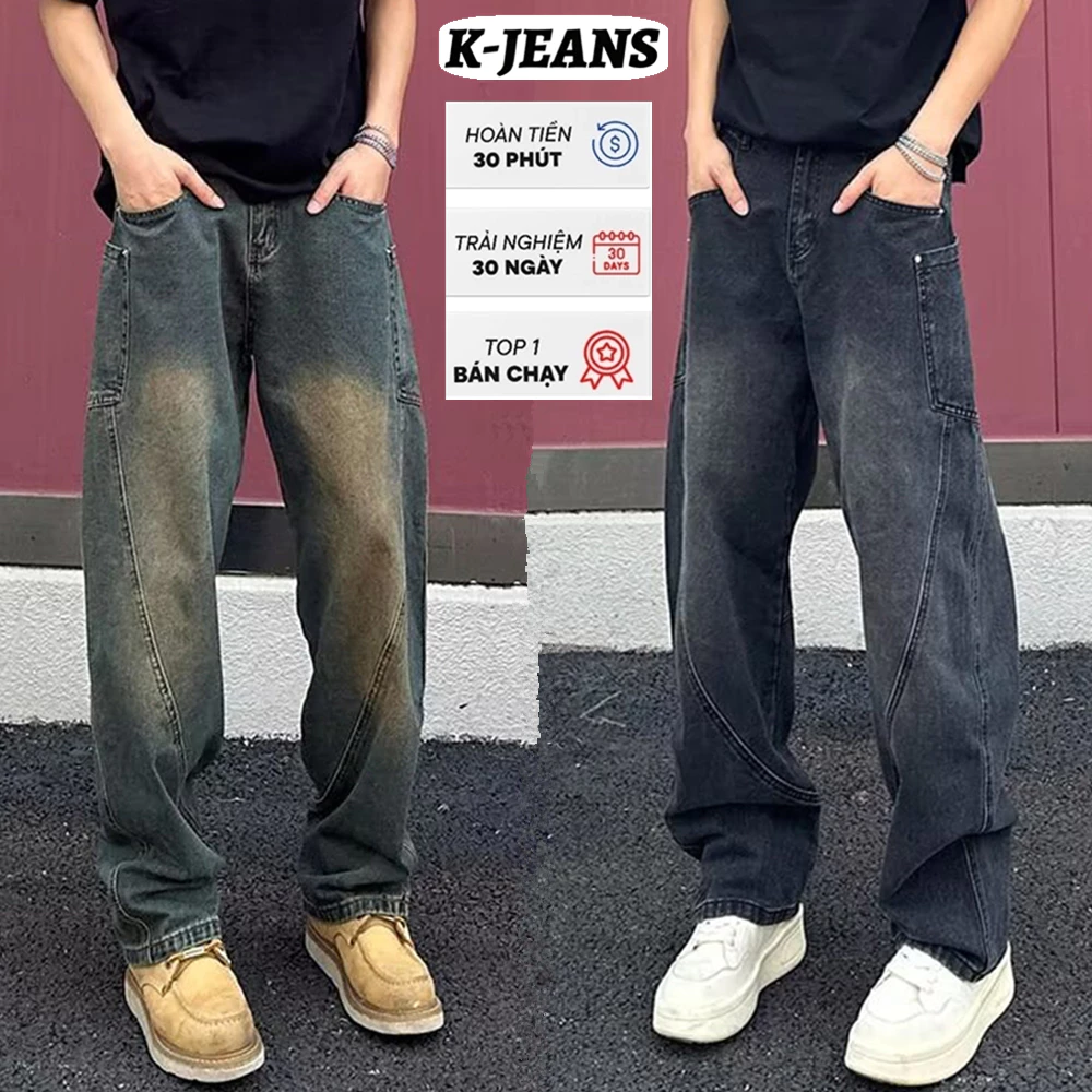 K-JEANS quần jean nam cao cấp ống rộng dáng 3D wash vintage xanh lơ pha trộn túi công sở bên hông vải cotton co giãn mát mẻ bền màu streetwear 90s casual daily