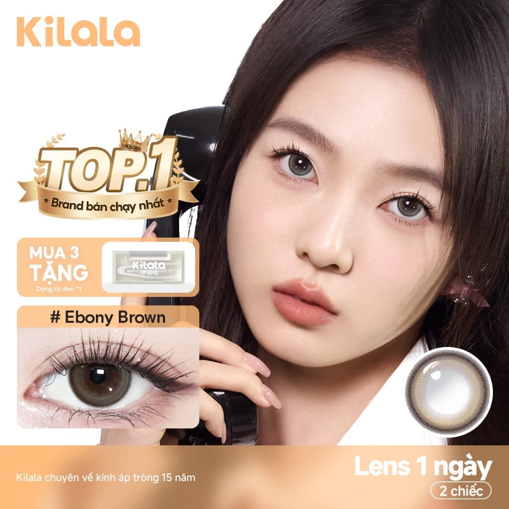 Kính áp tròng Kilala màu nâu Ebony Brown lens cận 1 ngày DIA 14.2mm có độ (0-8) 2 chiếc