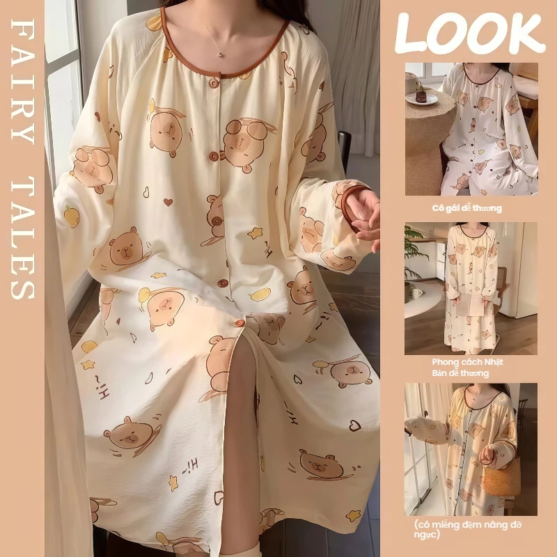 【Mã giảm giá-MI3PF738】Đầm Ngủ Nữ Dáng Ngủ Phong Cách Pháp Lười Biếng - Có Mút Ngực, Chất Cotton Mây Cao Cấp Mềm Mại, Kiểu Áo Choàng Cài Nút Dễ Thương - Thiết Kế Sang Trọng Cho Nữ Mặc Nhà | Mẫu Mới Xuân 2026