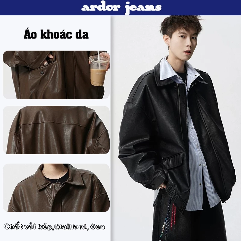 [ardor]Áo khoác da nam áo da boxy PU bomber cao cấp dài tay cổ trụ Leather Jacket phong cách Hàn Quốc dáng vừa cổ bẻ phối khoá form regular fit