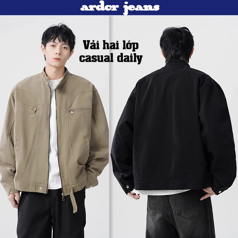[ardor]Áo Khoác nam Bomber Kaki đen zip Jacket Form Crop Lửng Unisex Cổ Bẻ Phong Cách Basic Thanh Lịch cao cấp