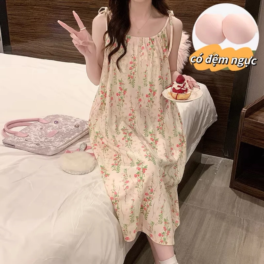 【100% cotton có đệm ngực】Váy Ngủ Nữ Dây Chất Bông Mới 2026 - Đồ Ngủ Mặc Nhà In Họa Tiết Thời Trang Gợi Cảm