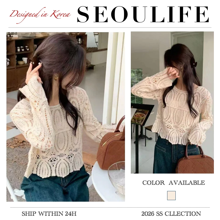 SEOULIFE | Áo thun dệt kim lưới nhỏ, style thoải mái, dài tay ,áo kiểu nữ