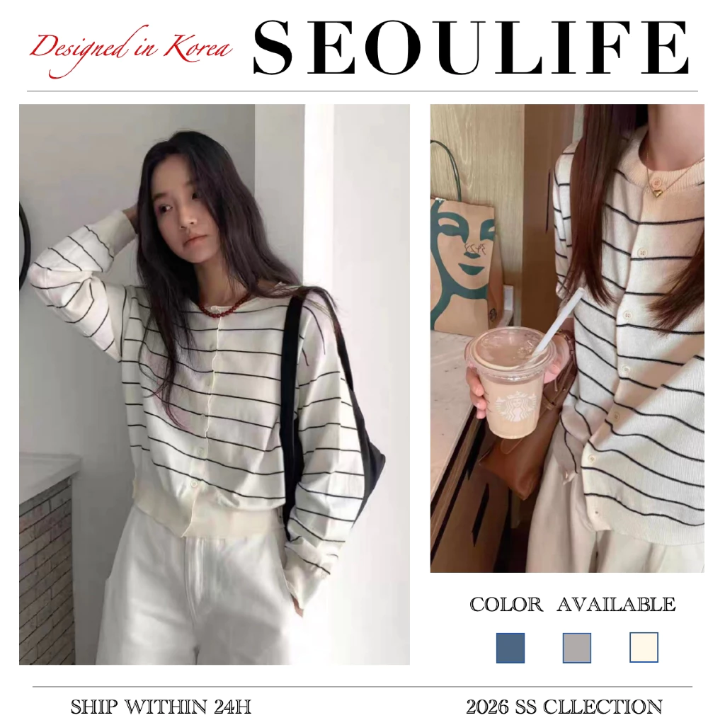 SEOULIFE| Áo sơ mi dệt kim dài tay, Áo len sọc nữ xinh đẹp, Áo sơ mi mùa thu đông nữ xinh đẹp 2026, Sọc khối màu, Nhẹ, Đẹp thiết yếu cho nữ Kny
