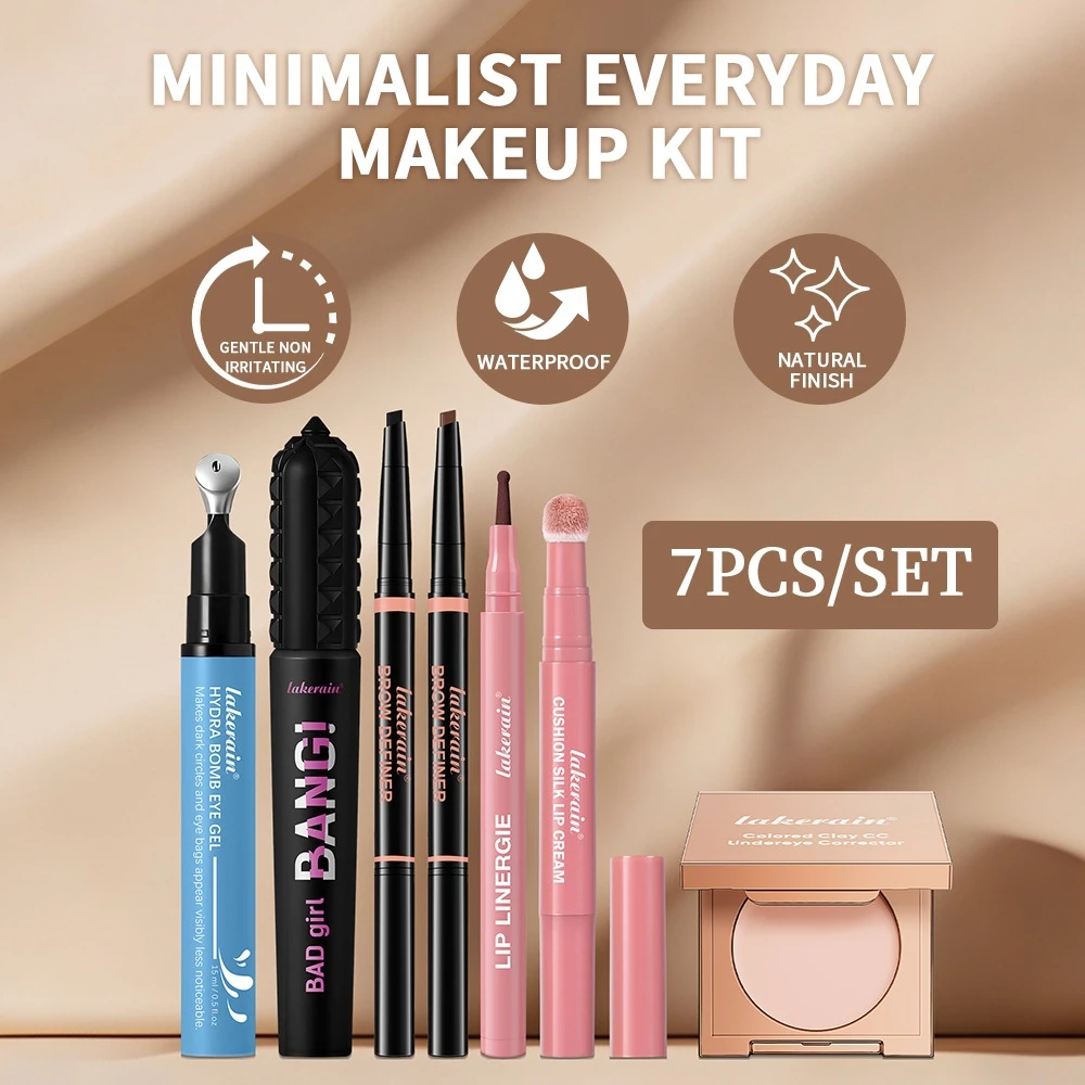 Bộ trang điểm Lakerain 7 món kèm Gel mắt, Mascara chống thấm nước, 2 miếng lót lông mày, Kem dưỡng môi nhung & Son lót môi - Bộ toàn mặt để lâu trôi, chống nhòe, nhìn tự nhiên
