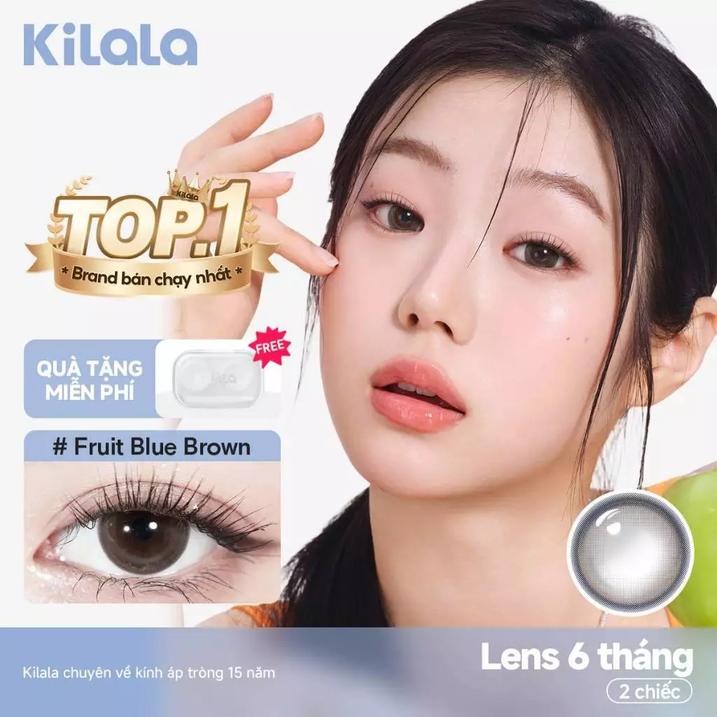 【Deal ưu đãi】Kính áp tròng Kilala màu nâu Fruit Blue Brown lens cận 6 tháng DIA 14.2mm có độ (0-8) 1 cặp