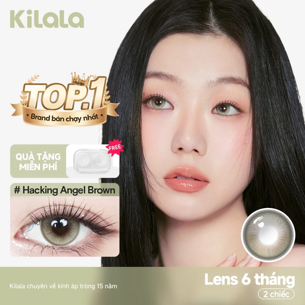 Kính áp tròng Kilala màu nâu Hacking Angel Brown lens cận 6 tháng DIA 14.2mm có độ (0-8) 1 cặp
