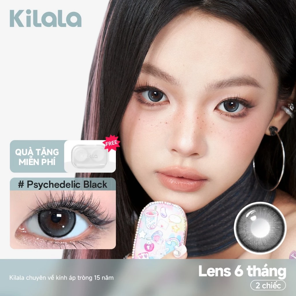 Kính áp tròng Kilala màu đen Psychedelic Black lens cận 6 tháng DIA 14.2mm có độ (0-8) 1 cặp