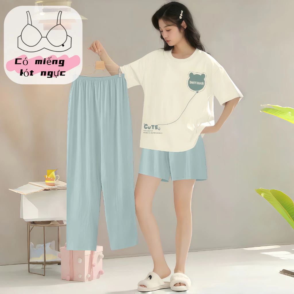 【Mẫu có đệm ngực】Bộ đồ ngủ nữ 3 món tay ngắn quần short quần dài cotton cổ trơn xuân hè in hình đáng yêu chất vải Pháp mặc nhà mặc ngoài