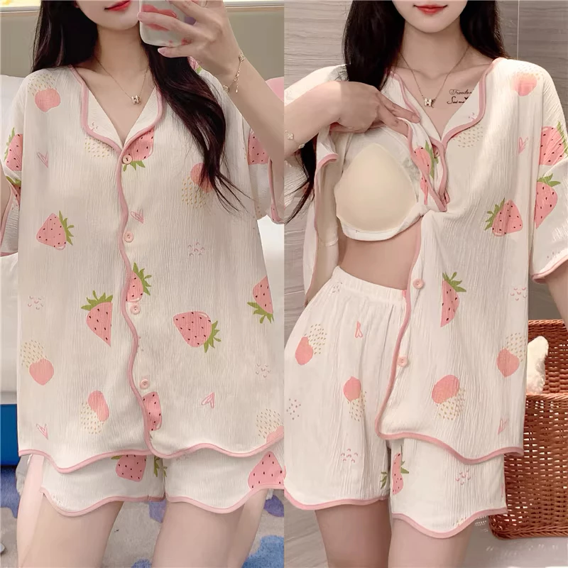 【Có nệm ngực】Bộ đồ ngủ nữ cho mùa hè với áo khoác cúp V cài cúc phía trước, thoáng mát.