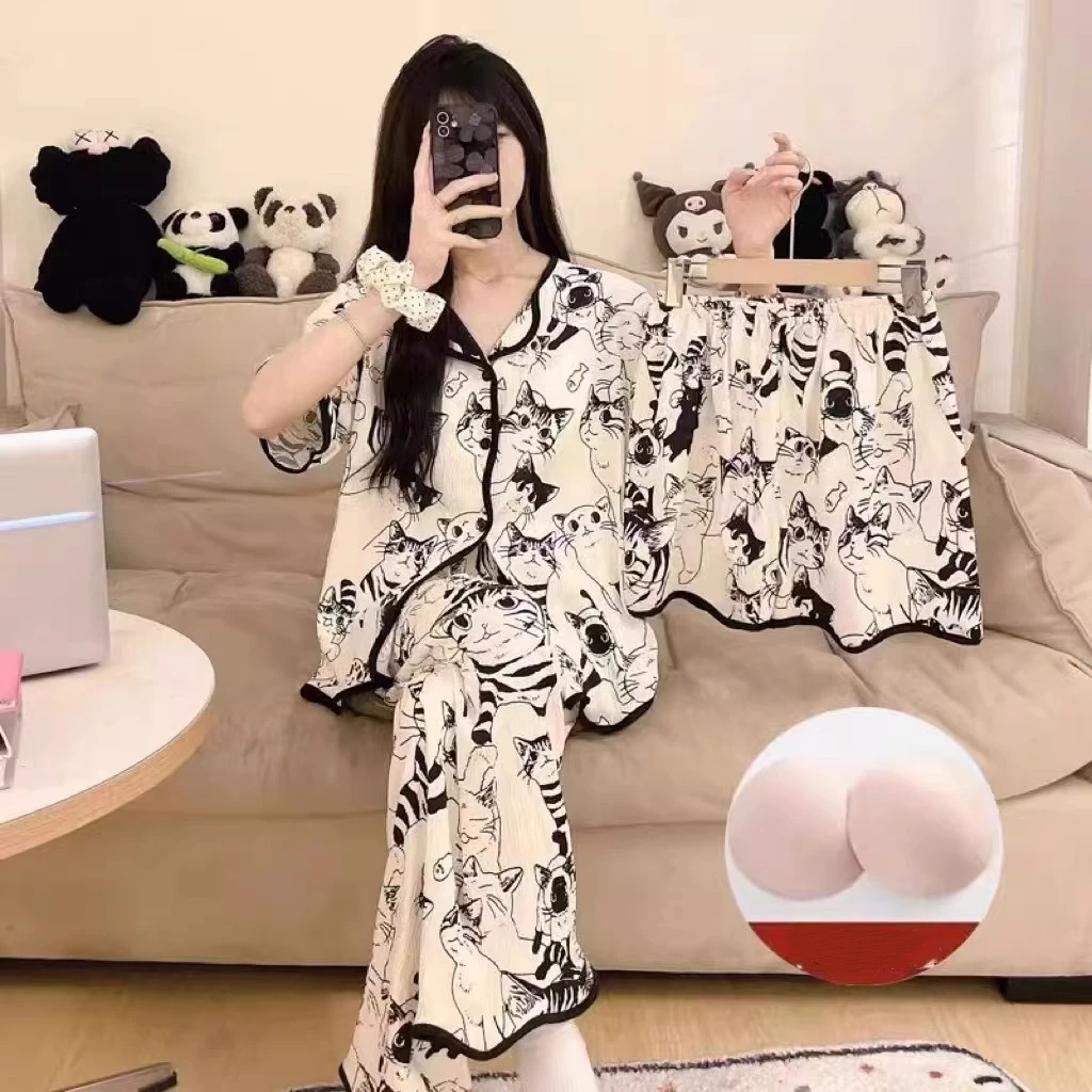 【Bông Phồng Có Ngực】Bộ 3 Món Đồ Ngủ Mùa Hè Mới Nhất - Áo Tay Ngắn + Quần Sooc + Quần Dài | Chất Liệu Cao Cấp Phiên Bản Nâng Cấp