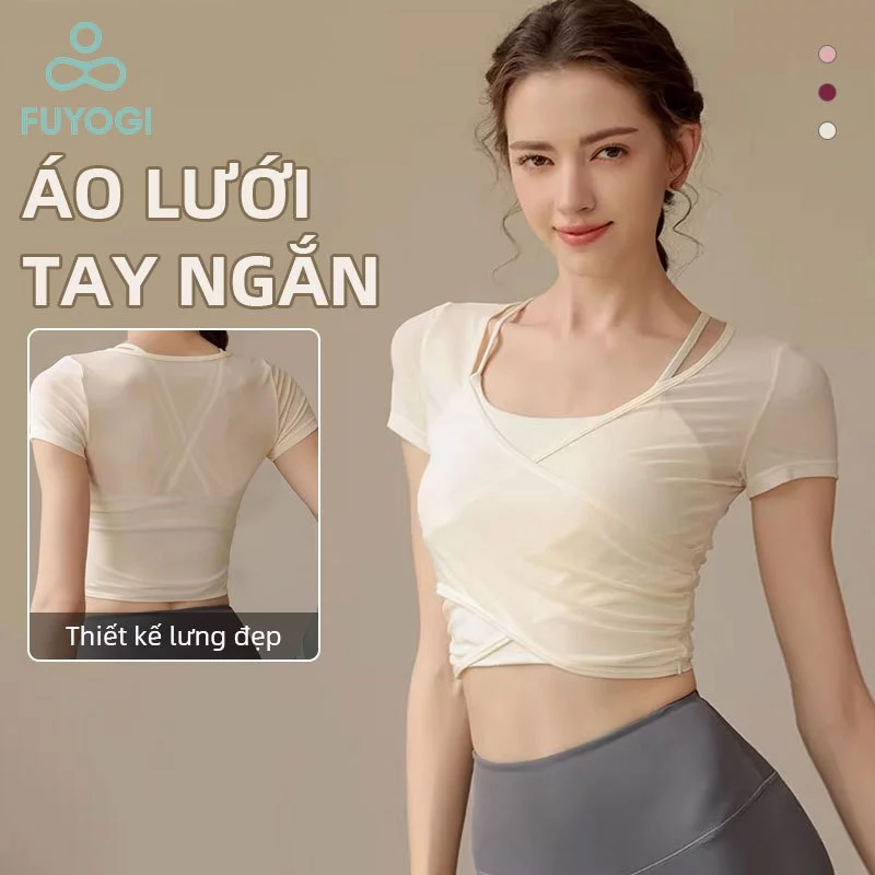 FUYOGI Áo Tập Thể Dụng Tay Ngắn, Lưới Thoáng Khí, tích hợp dây đeo chéo và áo ngực, Phù hợp Yoga và Pilates
