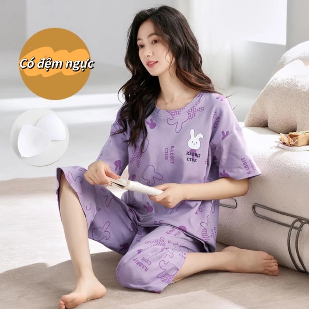 【Đệm Ngực】Áo Ngủ Mùa Hè Tay Ngắn Quần 7 Phần Cao Cấp – Rộng Thoải Mái Thời Trang
