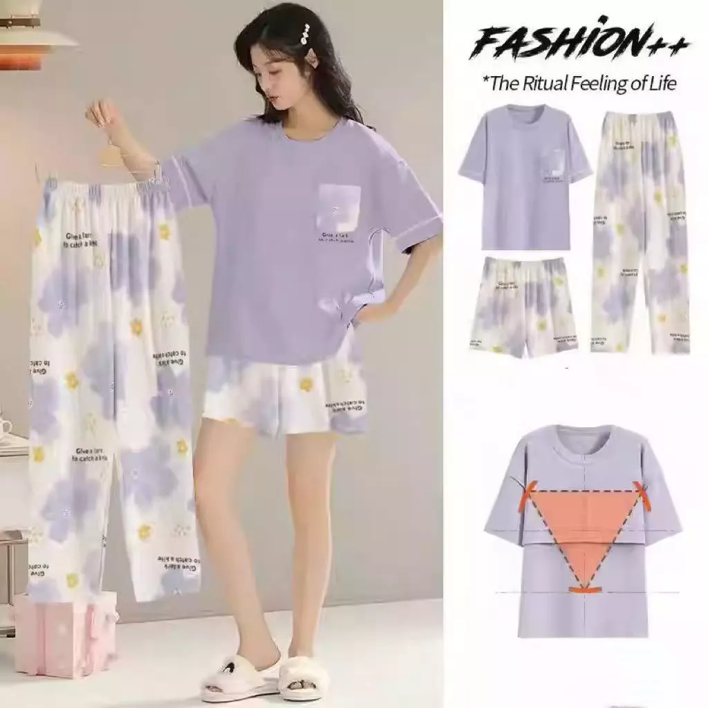 【Có Đệm Ngực】Bộ Đồ Ngủ Mùa Hè 3 Món Cho Nữ - Áo Cộc + Quần Short + Quần Dài Tiện Dụng | Đồ Mặc Nhà Thoáng Mát