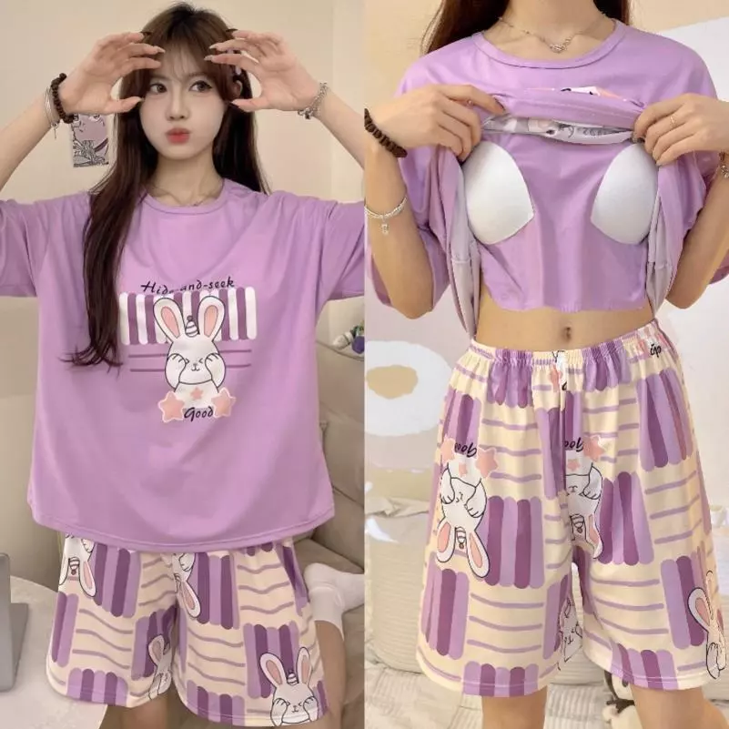 Bộ Đồ Ngủ Tay Ngắn Mỏng Dễ Thương, Phù Hợp Mùa Hè，Đồ ngủ bộ nữ tay ngắn quần sóc có đệm ngực - Họa tiết thú động vật hoạt hình, thời thượng, mặc nhà hoặc ra ngoài