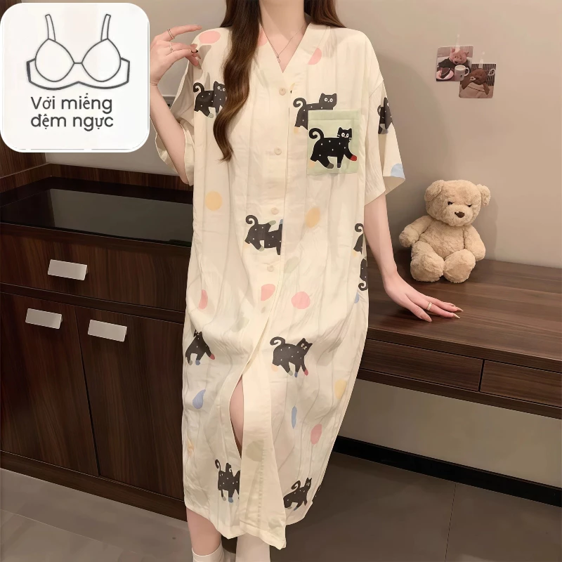 Bộ đồ ngủ mây cotton phong cách mới mùa hè, ngọt ngào, vừa vặn với cardigan ngắn tay
