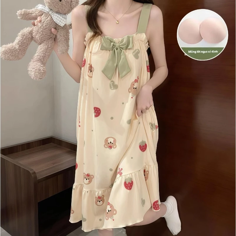 Đầm ngủ hai dây mùa hè mẫu mới 2025 cho nữ size lớn, có đệm ngực, phù hợp cho bà bầu và thiếu nữ, dáng rộng thoải mái, dễ thương gợi cảm, chất liệu mỏng nhẹ