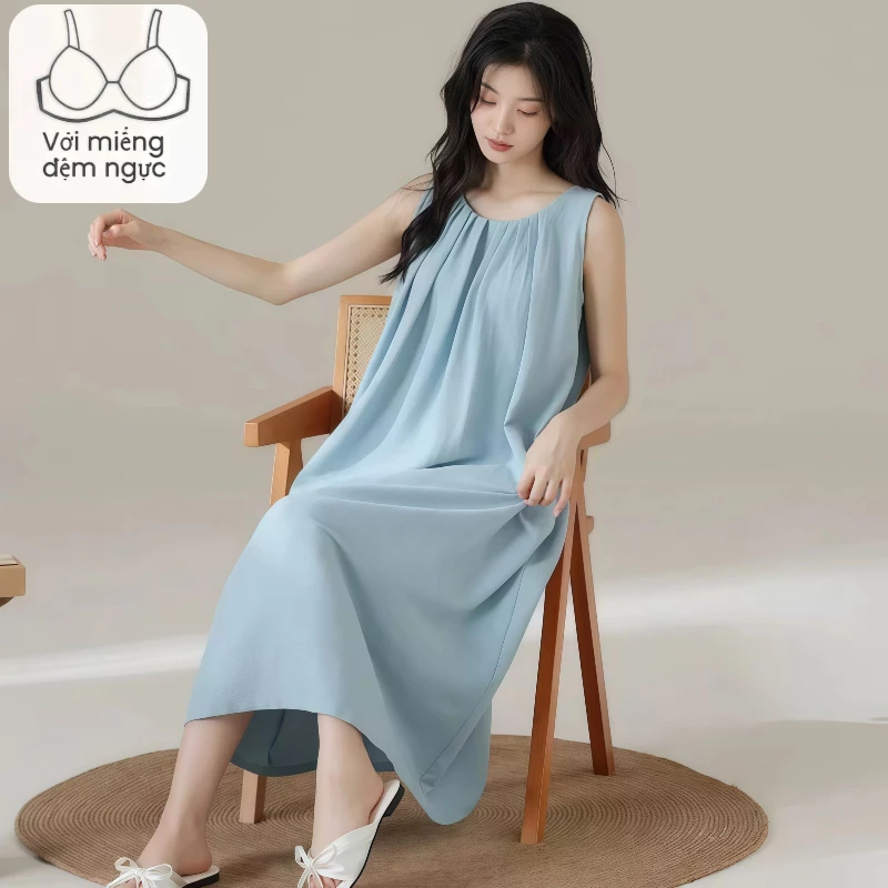 【Mã giảm giá-MI3PF738】Đầm ngủ hai dây có đệm ngực cho nữ mùa hè mẫu mới không tay mát lạnh cảm giác cao cấp dáng rộng tối giản màu trơn đồ mặc nhà