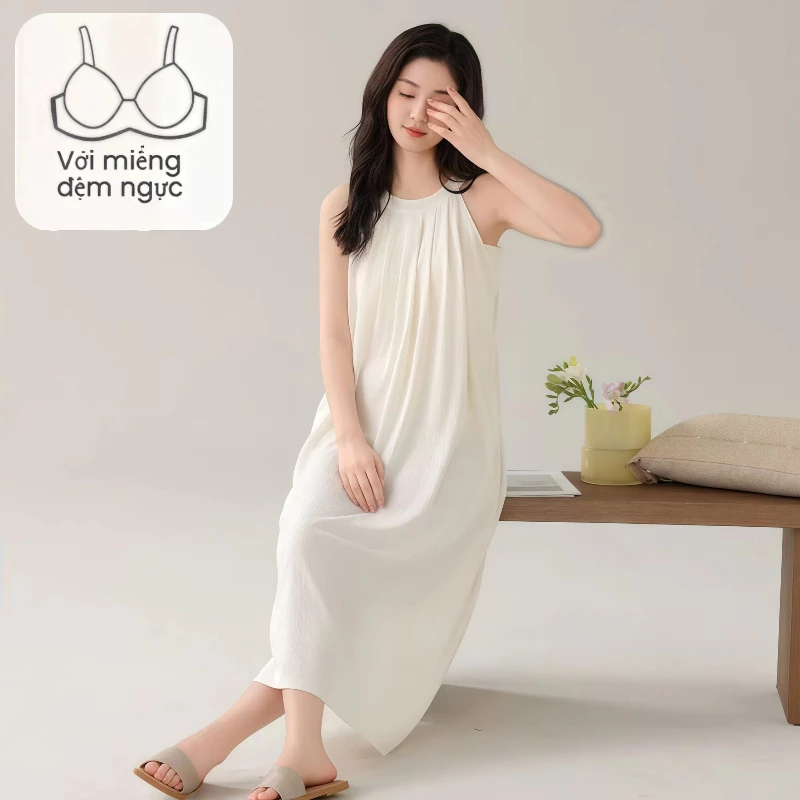 Đầm ngủ hai dây có đệm ngực cho nữ, không tay, chất liệu vải mát cao cấp, thiết kế đơn giản màu trơn, đồ mặc nhà